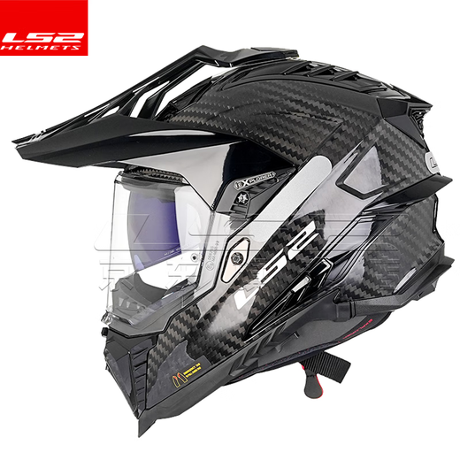 LS2 Carbon Faser Offroad-Zughelm-Motorradhelm Männer und Frauen Motorrad vier Jahreszeiten Anti-Fog Dual Lens MX701 Kohlefaser 6K-Gloss Black XL (57-58)