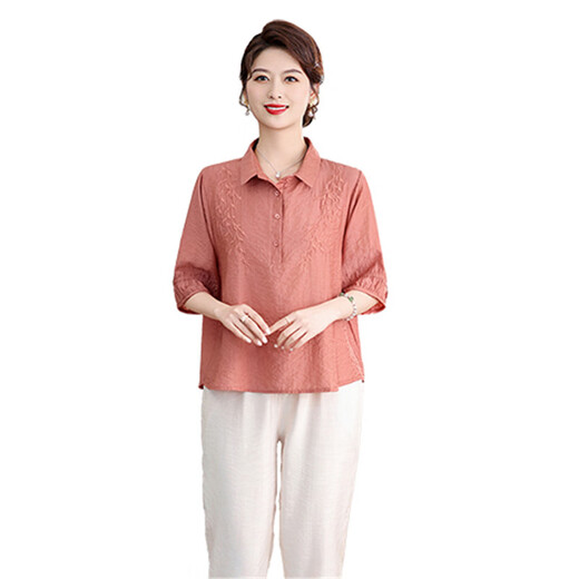 皮尔卡丹(pierre cardin）时尚妈妈夏季套装新款衬衫翻领T恤中老年女夏装洋气国风衬衣上衣 7037驼色 XL建议90-110斤