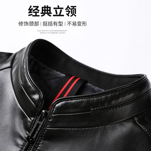 SHANSHAN Shanshan PU leather jacket men's new winter stand-up collar plus velvet warm men's leather jacket anti-wrinkle wear-resistant business casual dad dark green M /170