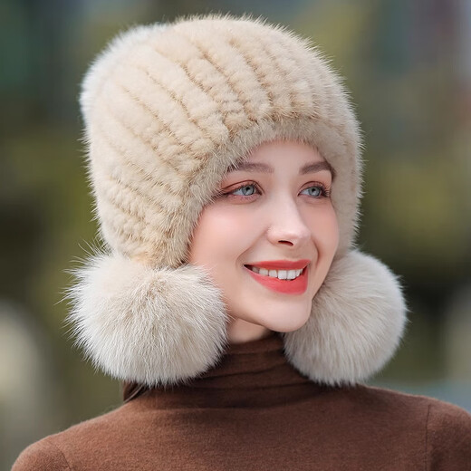 Yinghui Fur Hat Women's Winter Casual Mink Hat Korean Style New Warm Fox Fur Ball Mink Fur Ear Protection Hat Light Khaki One Size Elastic