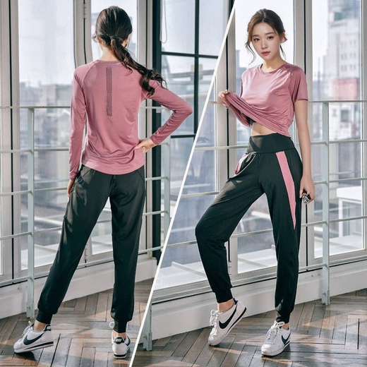 Baichao Yoga Wear Women's Summer Slim Loose Sports Fitness Quick-Drying Stretch Breathable Pilates Training Top Set Dark Purple Three-piece Set Short Sleeves + Long Sleeves + Pants XL118-130Jin Jin equals 0.5 kg