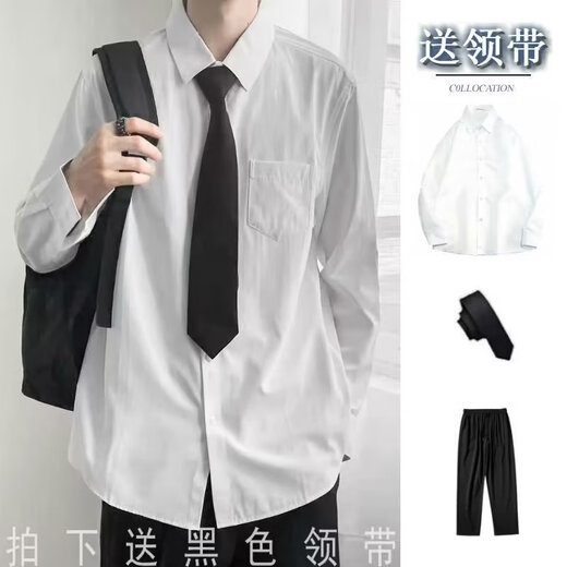 Shelijia People Blanc Shirt à manches longues Men de couple lâche Suite DK Style coréen TRENDY Student Graduation Class Photo Vêtements Casual Hommes Men Shirt White + Tie + pantalon M