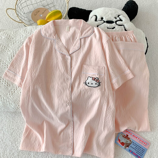 丽纱蓓儿2025新款凯蒂猫hellokitty短袖云朵棉三件套夏季睡衣女卡通可外穿 9905#黑爱心 M 75-95斤