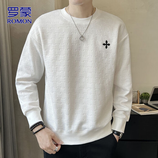 ROMON sweatshirt men's autumn and winter casual long-sleeved T-shirt men's bottoming shirt versatile top men's clothing white XL