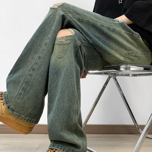 7 Hochwertige Jeans für Männer und Frauen Retro waschen Sommer Old High Street Lose Loch gerade Hip-Hop-Waschen von Mikroscheiben-Hosen CRB-6167 Blue XL