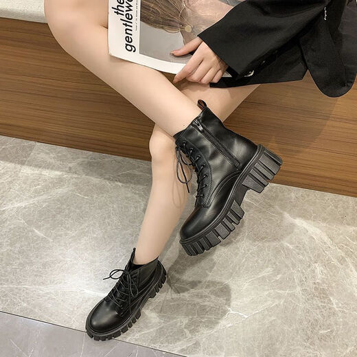 Lekali British style Martin boots for women, thick sole short boots, small heightened leather shoes with skirt work boots single boots for women, black 38