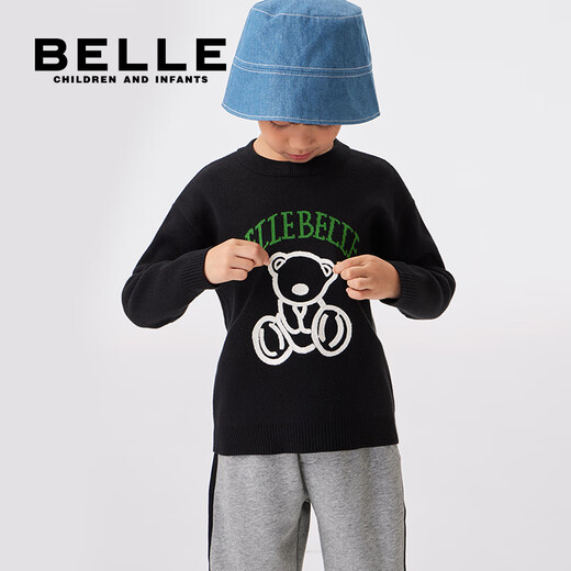 BELLE BELLE童装男童毛衣秋冬小熊圆领套头儿童毛衫宝宝柔软纯棉针织衫 黑色 140