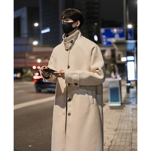 OEMG mid-length woolen coat men's autumn and winter high-end woolen over-the-knee Korean style lazy wind handsome windbreaker jacket black XL recommended 125-140Jin Jin equals 0.5 kg