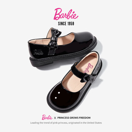 芭比儿童皮鞋单里亮面黑皮鞋女孩乐福鞋女童小皮鞋DA6057 黑色 36码