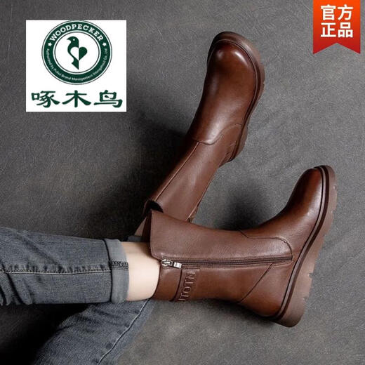 Holzspecker Offizielle Leder Martin Boots Herbst und Winter Neue Mittelröhrenstiefel weiche Sohle Low Heel Vielseitige Motorrad-Motorrad-Frauenstiefel flache Mutterstiefel Schwarz Plüsch Flaggschiff Modell 37