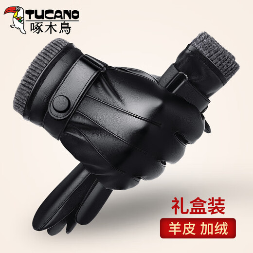 Woodpecker (TUCANO) genuine leather gloves for men, winter riding, warm, water-repellent, motorcycle driving, plus velvet and thickened touch screen sheepskin gloves