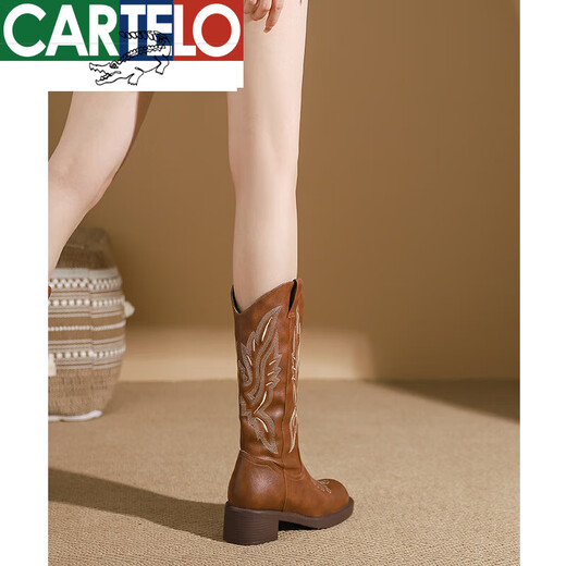CARTELO leather western cowboy boots for women 2023 new embroidered knight boots mid-tube Martin boots thick high heel boots brown single 37