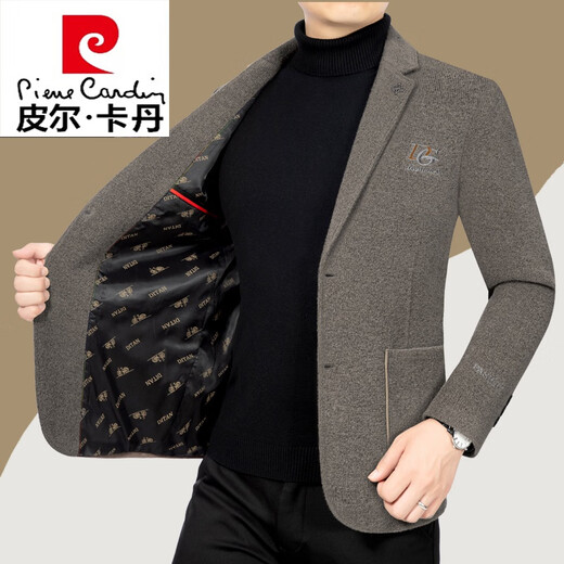 Pierre Cardin woolen coat men's casual suit autumn and winter new velvet thickened middle-aged business suit men's knitted black 2XL 185/100A 150-170Jin Jin equals 0.5 kg