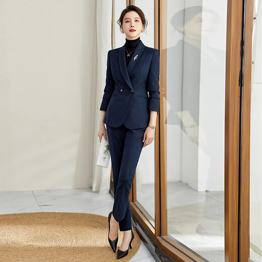 ROMON suit suit slim and fashionable high-end autumn and winter gold store shopping guide suit women's formal jacket professional work clothes navy blue suit jacket + pants S