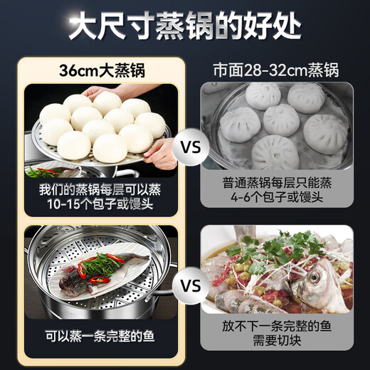 GEEGO thickened 304 stainless steel steamer three layers 36cm large induction cooker universal large steamer gas stove large capacity thickened 304 large steamer about 4.0KG 3 layers 38cm