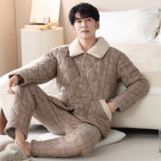 莫代尔睡衣男士冬季三层加厚加绒纯棉夹棉秋冬保暖冬天家居服套装 3886 2XL (180码)建议穿着体重160-18