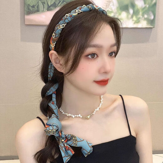 Suyi embroidery retro chain headband streamer headband one-piece satin fabric headdress temperament non-slip hair accessories blue streamer headband