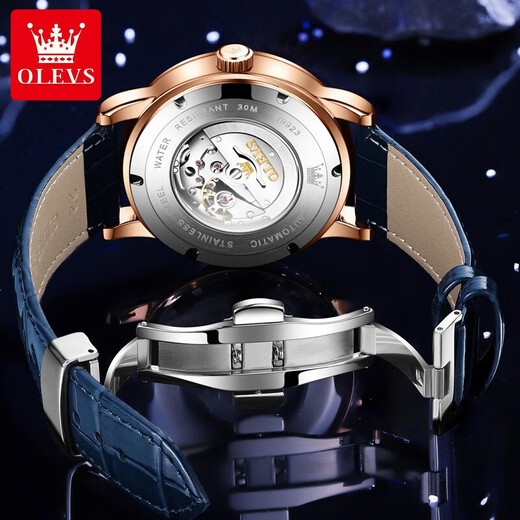 Oleeis levs Schweizer zertifizierte Brand Watch Mechanical Watch Luminous Water of Water of Star Series Herren Watch High-End-Herren-Uhr Olevs-9923-Rose Shell Starry Sky Blue Surface