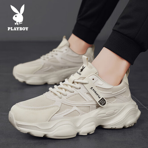 花花公子（PLAYBOY）老爹鞋男鞋2025夏季鞋子男士休闲鞋厚底透气运动鞋 米色 42