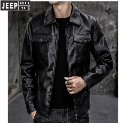 JEEP SPIRIT autumn and winter new men's quilted casual leather jacket men's motorcycle jacket slim fit Korean style lapel men's PU leather jacket black (model) plus velvet XL (suitable for 135-150 Jin Jin equals 0.5 kg)