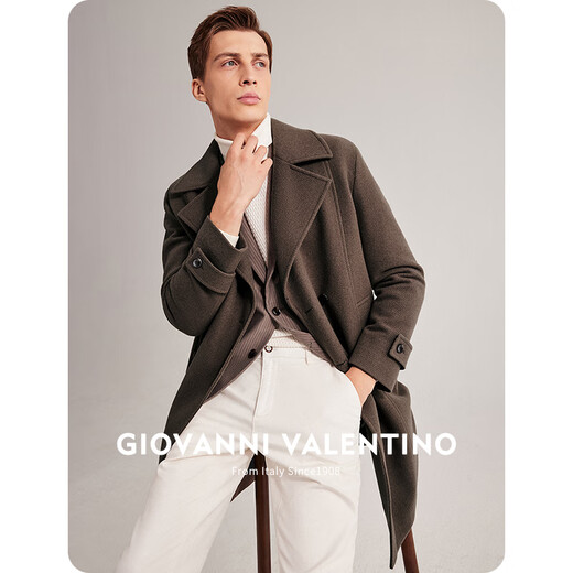 卓凡尼·华伦天奴（GIOVANNI VALENTINO）羊毛保暖中长款毛呢大衣外套男商务休闲男装西装领上衣 驼色 L