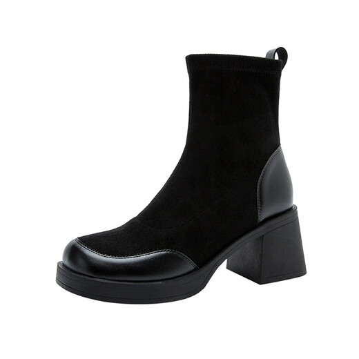 Lu Rang Song Frauen Martin Boots Frauenschuhe dicke Ferse plus Fleece-Stiefel Frühling und Herbst Neue High-End Korean kleine Knöchelstiefel modische kurze Stiefel Dünne Stiefel Schwarze Heel Höhe 6 cm 38