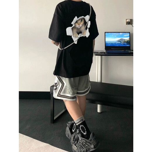 Digada kurzärmeliges T-Shirt für Herren Sommer Neue American Modemarke Trendy Design Sense Cat Bottoming Shirt Paar Fünf-Punkte-halbärmelige MSL-C683 Black (Rücken) 4xl (Größe kleinerer Größe empfohlen als größere Größe)