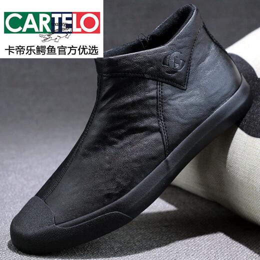 
CARTELO men's shoes leather shoes autumn casual high top flap plus velvet cotton shoes winter shoes 2025 new men's Martin boots all black 9207 39