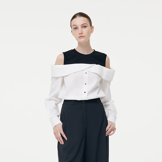 Gloria shirt white solid color women's fake two-piece contrasting design commuter high-end top shirt 1E2L3E210 03W original white XS