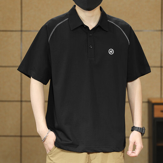 Yilangku schweres Revers kurzärmelig T-Shirt Herren loser Sommer-Bambus-Baumwoll-Baumwoll-Top Trendy Printed Polo Neck T-Shirt Black 4xl [200-220jin [Jin entspricht 0,5 kg]]]