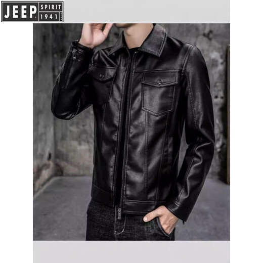 JEEP SPIRIT autumn and winter new men's quilted casual leather jacket men's motorcycle jacket slim fit Korean style lapel men's PU leather jacket black (model) plus velvet XL (suitable for 135-150 Jin Jin equals 0.5 kg)