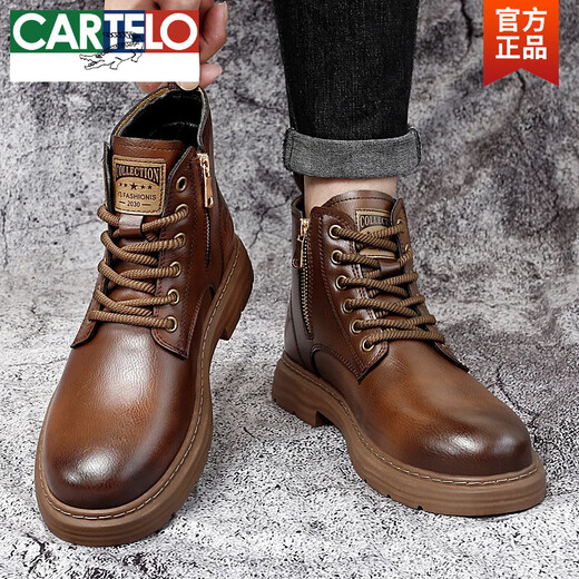 CARTELO Martin Boots Men's Winter New Velvet Leather Casual Work Boots Men's Soft Leather Medium Trendy Leather Boots Brown 40