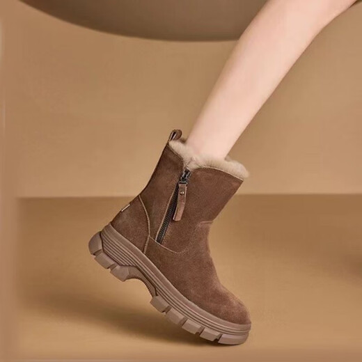 Women's snow boots for women in winter 2025 new style plush thickened genuine leather fur integrated non-slip outdoor warm cotton boots Khaki 38