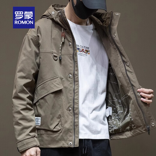 罗蒙夹克工装男士2025春秋季潮牌加厚男生大码棉衣男款冲锋衣连帽风衣 1502-1军绿色（加绒加厚） 3XL (体重160-180斤)