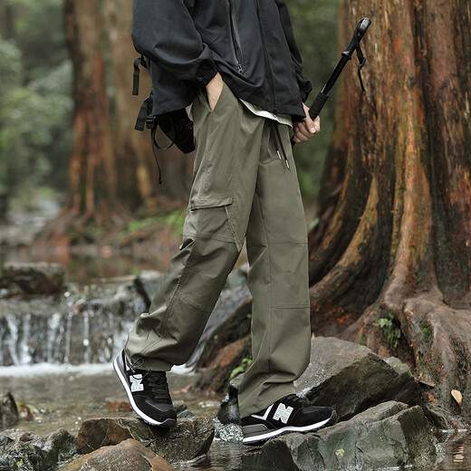 Homlean American outdoor work pants men's spring and summer loose wide-leg functional straight waterproof long trousers HT02 military green XL