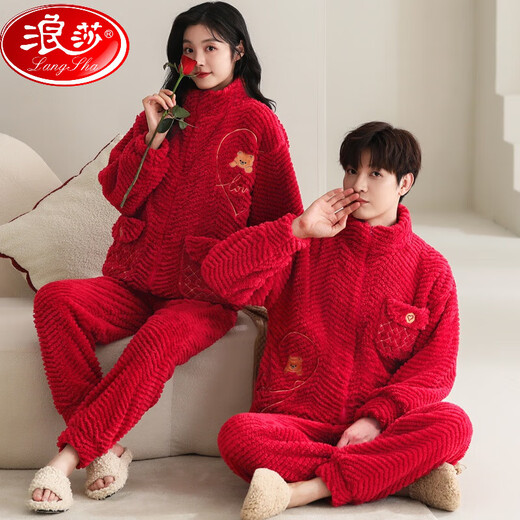 浪莎（LangSha）秋冬季结婚情侣睡衣红色珊瑚绒加厚加绒男女士新婚婚庆家居服套装 9716+图案+囍气洋洋 加 厚加绒 M 女款： 建议80-100斤