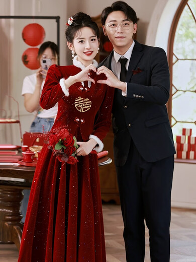 Yingwen Cheongsam Toast Wear Bride 2024 New Engagement Dress Chinese Wedding Long Sleeve Velvet Thickened Winter Burgundy S Recommended 85-90Jin Jin equals 0.5 kg