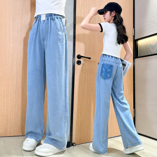 NICKYBABY女童夏季牛仔裤套装2025新款网红洋气儿童初中生夏装短袖阔腿大童 9889白色+15023蓝色 170