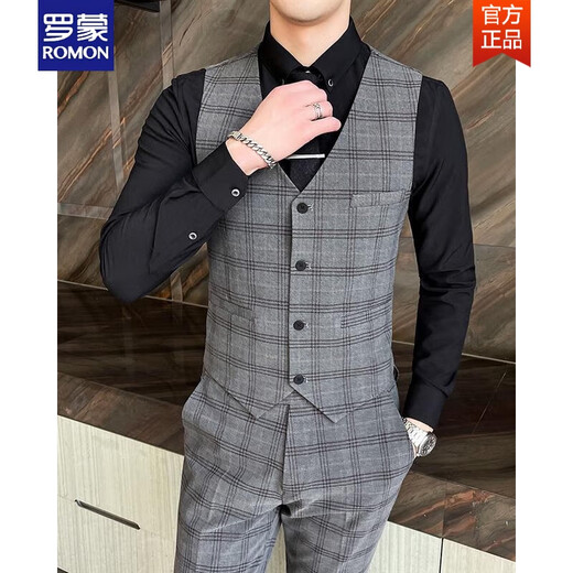 ROMON Men's Suit Korean Style Plaid Groom Wedding Dress Casual Business Formal Fit Suit Three-piece Spring Gray Suit + Vest + Pants Tie XL