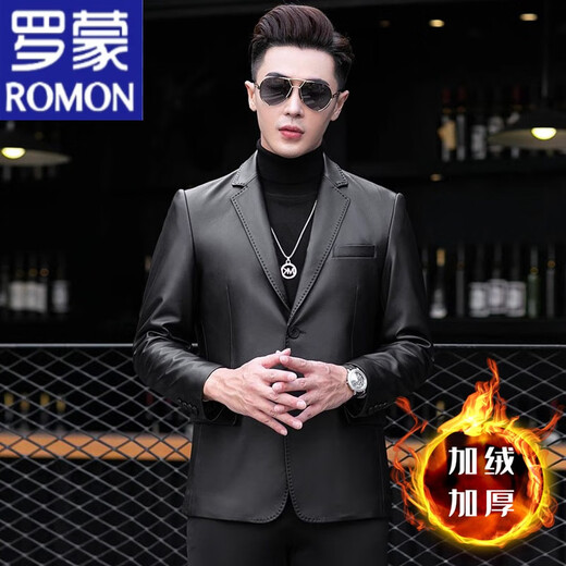 罗蒙（ROMON）真皮皮衣春秋中年皮西装男士绵羊皮夹克软皮薄新款西服海宁外套潮 黑色 175/XL