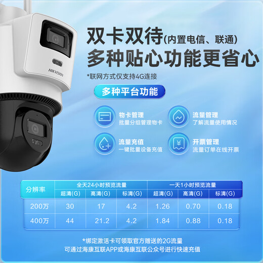 海康威视4G终身流量可选无线太阳能摄像头家用室外网络高清夜视户外360度云台旋转防水球机支持手机远程监 800万双摄【充值流量】【支持手机+电脑查看】 官方标配（+内存卡)