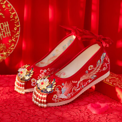 Tianyi Bride Xiuhe Wedding Zapatos Tassel Hanfu Hanfu Style Faho Borded Zapatos Bordados Red Red Wedding Wedding Wedding Wedding Style Red Wedding Shops con Cheongsam Tassel Hanfu [Supreme Fengming Red Size 38]
