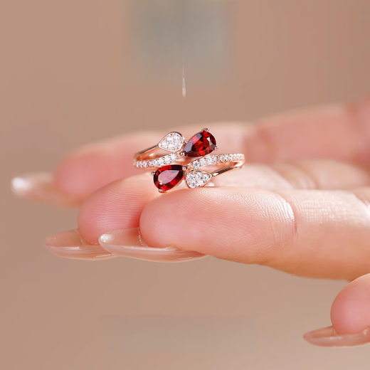 Qianqimeng 18K gold ruby ring natural red garnet gem S925 silver plated simple heart-shaped 6MM heart-shaped gemstone girl style daily commuting
