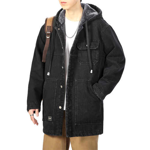 Trendy and Winter Park Overcoming Denim Jacket Men's Plus Fleece Thickened Medium-length Trendy Warm Thickened Coat Hooded Jacket Men's Black L [130-145Jin[Jin equals 0.5 kg]]
