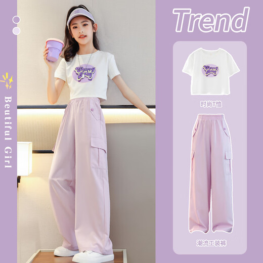 优优1点（Yoyo one）女童夏装套装2025新款儿童短袖阔腿裤网红洋气夏季女大童运动童装 9889白色+15029粉紫色 150 150cm