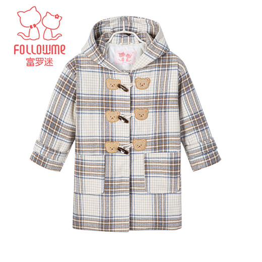 Fuluo Mi Girls' Woolen Coat Winter Padded Warm Children's Horn Button Hooded Jacket Apricot Check 150cm