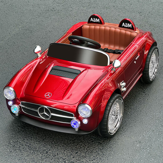 Kangshuai Aibeimei Kinder-Elektroauto mit vier Rädern, kann mit Fernbedienung sitzen und fahren, 1–3–6 Jahre alt, 5 Spielzeugauto, Kind, Baby, Retro-Kinderwagen, rot lackiert, 12 V + Ledersitz + funktionale Fernbedienung