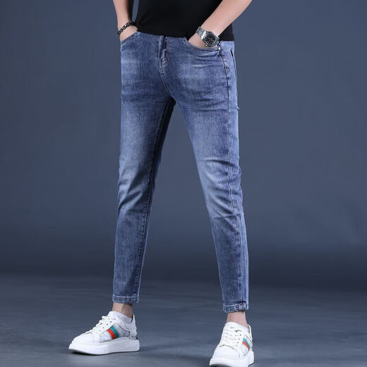 Kurentou Spring y verano Blue Jeans crujientes Pies delgados para hombres Small Foot 2025 New Stretch Men's Pants 9 Crispy Pants Men Q1048 Negro Crispy 30 2ft3
