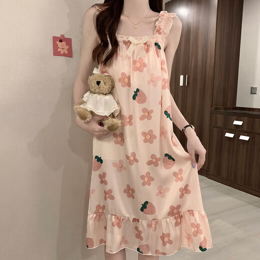 贝逸芙睡裙女夏季带胸垫高级感冰丝凉感吊带睡衣夏天女士甜美可爱家居服 1355#红色花朵 L