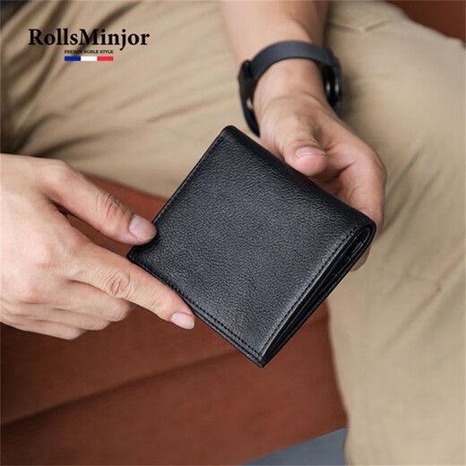 Rollsminjor Britische leichte Luxusmarke Echtes Leder Dünne Herren kleine Brieftasche Top-Schicht Cowhide Multi-Card Short Wallet Gift Box Schwarz 9,5*1*10,5 cm